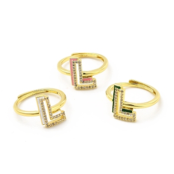Mixed Color Enamel Initial Letter Adjustable Ring with Clear Cubic Zirconia, Real 18K Gold Plated Brass Jewelry for Women, Cadmium Free & Lead Free, Letter.L, US Size 5 1/4(16mm), Letter.L: 13x9.5mm