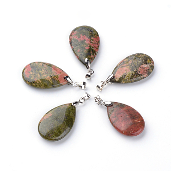 Natural Unakite Pendants, with Brass Findings, teardrop, Platinum, 30x18x6mm, Hole: 5x4mm