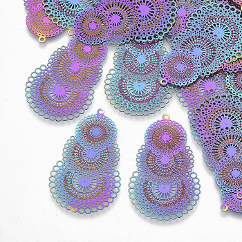 Ion Plating(IP) 304 Stainless Steel Filigree Pendants, Etched Metal Embellishments, Rainbow Color, 40x24.5x0.3mm, Hole: 1mm