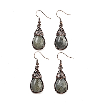 Natural Labradorite Teardrop Dangle Earrings, Red Copper Plated Brass Earrings for Women, 48x15mm