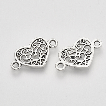 Tibetan Style Alloy Links connectors, Heart, Cadmium Free & Lead Free, Antique Silver, 12x21x1.5mm, Hole: 1.8mm