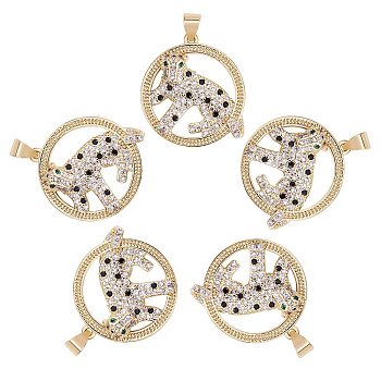5Pcs Brass Micro Pave Colorful Cubic Zirconia Pendants, Flat Round with Leopard, Real 18K Gold Plated, 24.5x22x4.5mm, Hole: 3.5x4mm