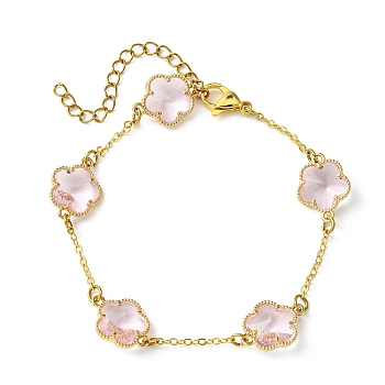 Glass Flower Link Bracelets, Brass Cable Chain Jewelry for Women, Golden, Pearl Pink, 7-1/4 inch(18.5cm)