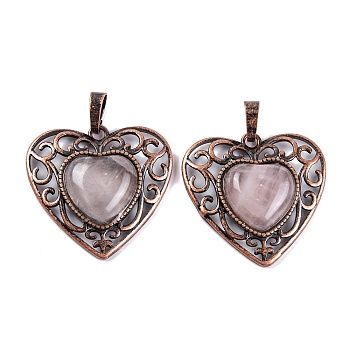 Natural Rose Quartz Peach Love Heart Pendants, Rack Plating Brass Hollow Heart Charms, Cadmium Free & Lead Free, Red Copper, 29.5x30.5x7.5mm, Hole: 7.5x5mm