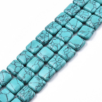 Synthetic Turquoise Beads Strands, Square, 14x14x5.5mm, Hole: 1.2mm, about 28pcs/strand, 15.16 inch~15.35 inch(38.5~39cm)
