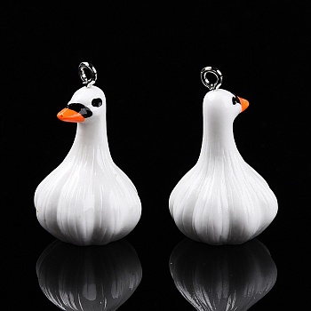 Opaque Resin Animal Pendants, Cartoon Garlic Duck Charms, with Platinum Plated Iron Loops, White, 30~31x19x19mm, Hole: 2mm