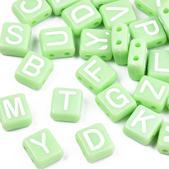 Opaque Acrylic Multi-Strand Links, for Tile Elastic Bracelets Making, Rectangle with Random Letter, Light Green, 8x9x4.5mm, Hole: 1.5mm, about 1900pcs/500g