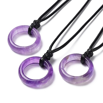 Natural Amethyst Ring Pendant Necklace with Waxed Cords, 29.53~29.92 inch(75~76cm), Pendant: 24x6mm