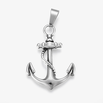 304 Stainless Steel Pendants, Anchor, Antique Silver, 39x28x3.5mm, Hole: 5x10mm