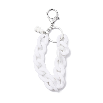 Acrylic Curb Chain Keychain, with Resin Bear Charm and Alloy Split Key Rings, White, 17.7~18cm
