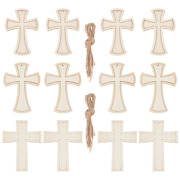 15Pcs 3 Styles Unfinished Wood Cross Pendants, with Hemp Rope, Religion Theme, Wheat, 127x92~97x2.5~5mm, Hole: 3.5mm, 5pcs/style