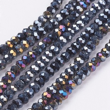 Electroplate Glass Beads Strands, AB Color Plated, Faceted Rondelle, Black, 3x2mm, Hole: 0.5mm, about 165~170pcs/strand, 16.7 inch