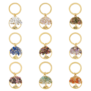 Gemstone Chip Tree of Life Pendant Keychain with Tibetan Style Alloy Charm and Brass Keychain Clasps, 5.4cm, 9 colors, 2pcs/color, 18pcs/set