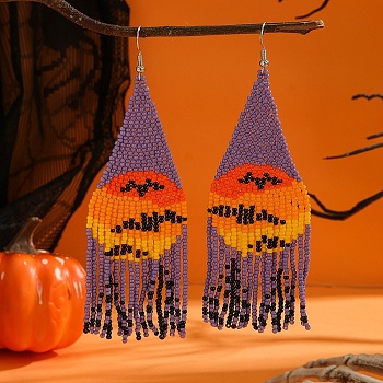 Colorful Halloween Style Glass Bead Handmade Tassel Earrings for Women, Platinum, 115x37mm