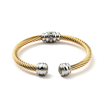 Rhinstone Open Cuff Bangle, Golden 304 Stainless Steel Jewelry for Women, Olivine, Inner Diameter: 2-1/4 inch(5.65cm)