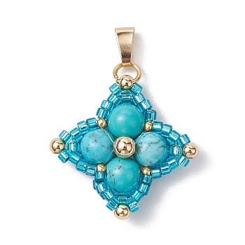 Synthetic Turquoise & Glass Seed Beaded Woven Pendants, Star Charms with 304 Stainless Steel Snap on Bails, Golden, 25x25x6mm, Hole: 6.5x3mm