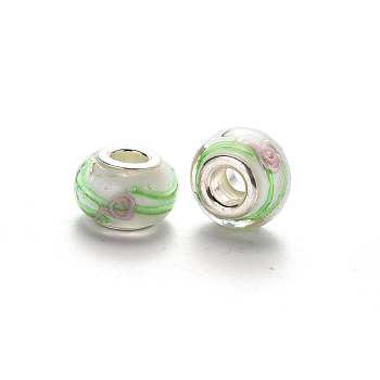 Handmade Lampwork European Beads, Large Hole Rondelle Beads, with Platinum Tone Brass Double Cores, with Flower Pattern, Floral White, 14~16x9~10mm, Hole: 5mm
