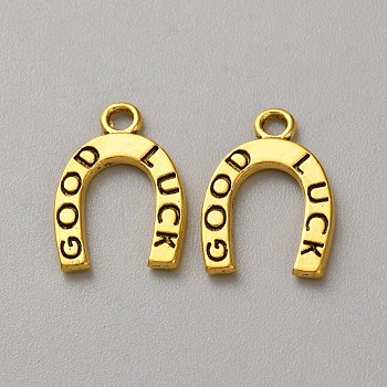 Alloy Pendants, Letter U with GOOD LUCK, Antique Golden, 17.5x12x1.5mm, Hole: 2mm
