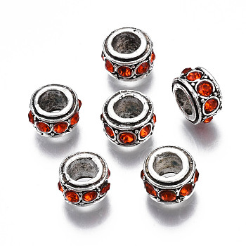 Alloy Rhinestone European Beads, July Birthstone Beads, Large Hole Beads, Cadmium Free & Lead Free, Fit European Bracelet Jewelry Making, Antique Silver, Rondelle, Padparadscha, 11x6.5mm, Hole: 5mm