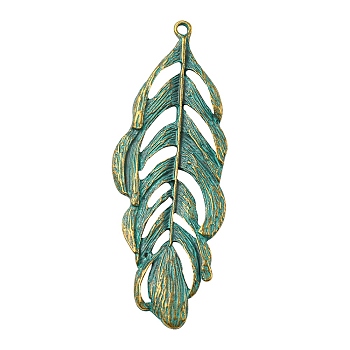 Tibetan Style Alloy Pendants, Feather, Antique Bronze & Green Patina, 71x25x2mm, Hole: 2mm