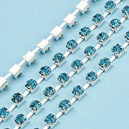 Silver Plated Brass Rhinestone Strass Chains, Rhinestone Cup Chains, Soldered, with Spool, Aquamarine, 3mm, about 32.81 Feet(10m)/Roll(CHC-N020-12B-06)