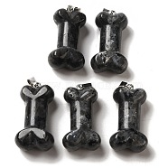 Natural Black Labradorite Pendants, Dog Bone Charms with Platinum Iron Snap on Bails, 36~37x19.5~21x11~12.5mm, Hole: 7x4mm(G-K353-02P-07)