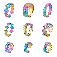 PandaHall Elite 9Pcs 9 Style 304 Stainless Steel Leaf & Feather & Bullet & Crown & Flower Cuff Ring, Rainbow Color Open Ring for Women, US Size 7(17.3mm)~US Size 10 1/4(19.9mm), 1pc/style(RJEW-PH0001-07)