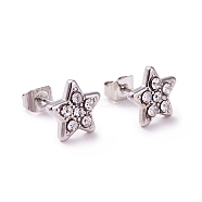 Crystal Rhinestone Star Stud Earrings, 304 Stainless Steel Jewelry for Women, Stainless Steel Color, 9x9mm, Pin: 0.6mm(EJEW-I278-02P)