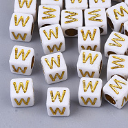 Plating Acrylic Beads, Horizontal Hole, Golden Metal Enlaced, Alphabet Style, Cube, Letter.W, 5.5~6x5.5~6x5.5~6mm, Hole: 3.5mm, about 3000pcs/500g(SACR-S297-09W)