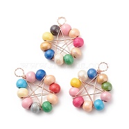 Natural Wood Round Beads Pendants, with Raw(Unplated) Copper Wire Wrapped, Ring with Star Charm, Dyed, Colorful, 27.5~29x22~23x5.5~6mm, Hole: 4mm(PALLOY-JF01763-03)