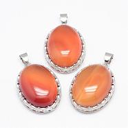 Natural Carnelian Pendants, with Brass Findings, Oval, Dyed, Platinum, 30x21x10~11mm, Hole: 6x4mm(G-D851-12)