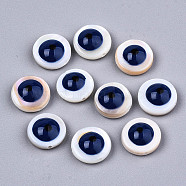 Natural Freshwater Shell Beads, with Enamel, Flat Round with Evil Eye, Medium Blue, 9x3.5mm, Hole: 0.8mm(SHEL-T018-09A-04)