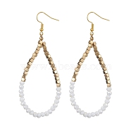 Glass & Plastic Beaded Dangle Earrings, Teardrop Iron Earrings for Women, White, 95x3mm(EJEW-JE05857-02)