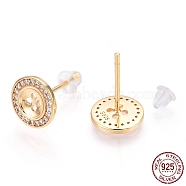 925 Sterling Silver Micro Pave Cubic Zirconia Stud Earring Findings, with Cabochon Settings and Ear Nuts, Flat Round, Nickel Free, Real 18K Gold Plated, 8.5mm, Pin: 0.8mm, Tray: 5mm(STER-T004-21G)