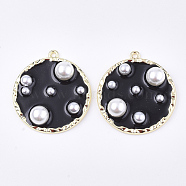 Epoxy Resin Pendants, with ABS Plastic Imitation Pearl, Alloy Findings and Enamel, Flat Round, Golden, Black, 36x33x8mm, Hole: 1.8mm(RESI-S365-84A)