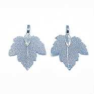 Iron Pendants, Electroplate Natural Leaf, Grape Leaf, Blue Plated, 35x27x1.5mm, Hole: 3x5.5mm(X-IFIN-T006-17C)