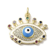 Brass Micro Pave Cubic Zirconia Pendants, with Enamel, with Jump Ring, Real 18K Gold Plated, Evil Eye, White, 20x23x5.3mm, Hole: 3.5mm(KK-E092-09G-02)