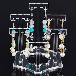 Transparent Acrylic T-Bar Riser Earring Display Stands, with Flower Base, for 6 Pairs Earring Displays, Clear, 5.3~9.85x3.45~8.8x0.4cm, Hole: 1.8mm, 6pcs/set(EDIS-WH0021-03B)