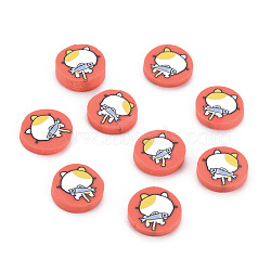 Handmade Polymer Clay Cabochons, Flat Round with Cat, Tomato, 9~9.5x1.5~2mm, about 5800pcs/1000g(CLAY-N006-100)