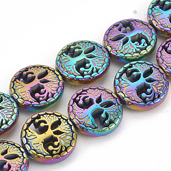 Electroplate Non-magnetic Synthetic Hematite Beads Strands, Flat Round with Tree of Life, Multi-color Plated, 12~12.5x4~4.5mm, Hole: 1mm, about 30pcs/strand, 14.56 inch(X-G-N0322-03F)