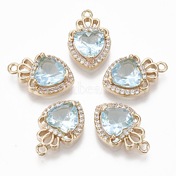 Glass Pendants, with Micro Pave Cubic Zirconia and Brass Open Back Settings, Faceted, Heart with Crown, Light Gold, Light Cyan, 17.5x11.5x5.5mm, Hole: 1.4mm(X-GLAA-T021-14C)
