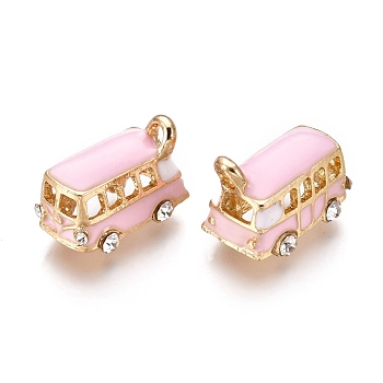 Alloy Pendants, with Enamel and Crystal Rhinestone, Bus, Golden, Pearl Pink, 18x11x13mm, Hole: 2.5mm