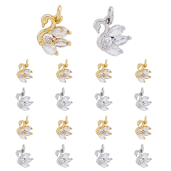 16Pcs 2 Colors Brass Micro Pave Cubic Zirconia Charms, with Jump Rings, Swan Charms, Platinum & Golden, 12x12x3mm, Hole: 3.4mm, 8pcs/color