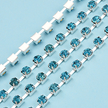 Silver Plated Brass Rhinestone Strass Chains, Rhinestone Cup Chains, Soldered, with Spool, Aquamarine, 3mm, about 32.81 Feet(10m)/Roll