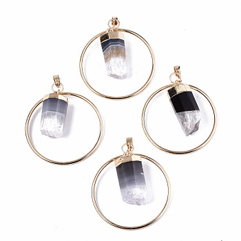 Natural Grey Agate Big Pendants, with Golden Iron Findings, Ring & Hexagonal Prism, 57x49x2mm, Hole: 8.5x4.5mm