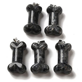 Natural Black Labradorite Pendants, Dog Bone Charms with Platinum Iron Snap on Bails, 36~37x19.5~21x11~12.5mm, Hole: 7x4mm