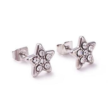Crystal Rhinestone Star Stud Earrings, 304 Stainless Steel Jewelry for Women, Stainless Steel Color, 9x9mm, Pin: 0.6mm