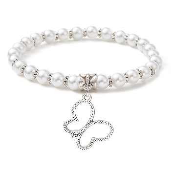 Glass Pearl Beaded Stretch Bracelets, with Alloy Charms, Butterfly, Inner Diameter: 2-1/2 inch(6.2cm), Pendant: 17.5x19.5mm