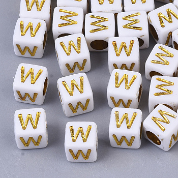 Plating Acrylic Beads, Horizontal Hole, Golden Metal Enlaced, Alphabet Style, Cube, Letter.W, 5.5~6x5.5~6x5.5~6mm, Hole: 3.5mm, about 3000pcs/500g