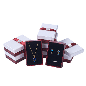 Kraft Cotton Filled Rectangle Cardboard Jewelry Set Boxes with Bowknot, for Ring, Earring, Necklace, White & Brown, 9x6x3cm